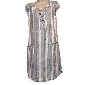 COLUMBIA Linen Coverup Beige Blue White Striped Hemp Cotton Dress Womens XS